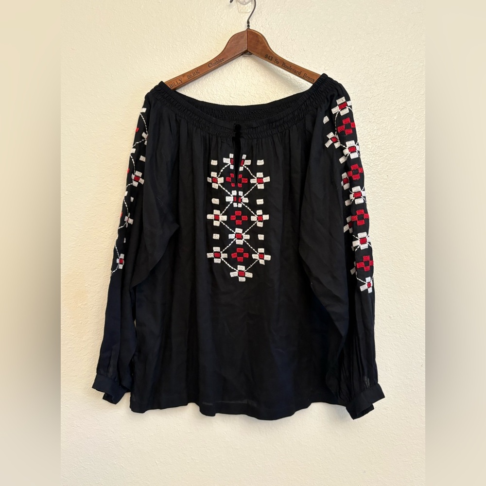 Art Class Black Blouse with Red and White Embroidery‎